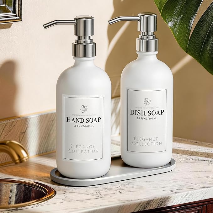 White Glass Soap Dispenser Set of 2, 16oz Hand and Dish Soap Dispenser by FachixyUS