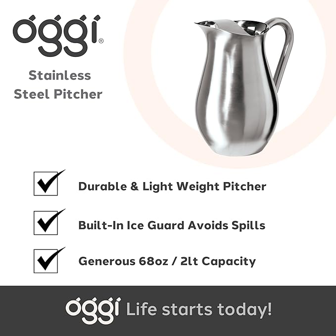 OGGI Stainless Steel Pitcher- Stainless Steel Water w/Ice Guard, Water Carafe - Image 7