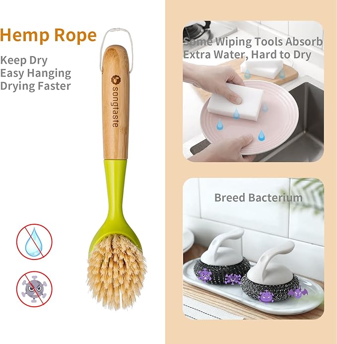 2 Pack Kitchen Dish Brush Bamboo Handle Dish Scrubber Built-in Scraper - Image 2
