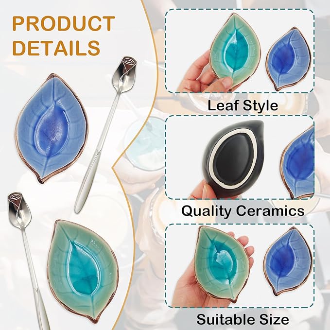 2 Pack Coffee Spoon and Leaf Rest Set, Ice Cracks Leaf Ladle Holder, Tea Spoon - Image 3
