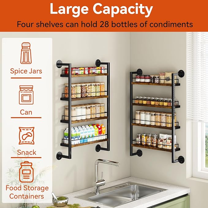 IBUYKE Spice Rack Wall Mount, 4 Tier Hanging Seasoning Organizer, Large Spice - Image 3