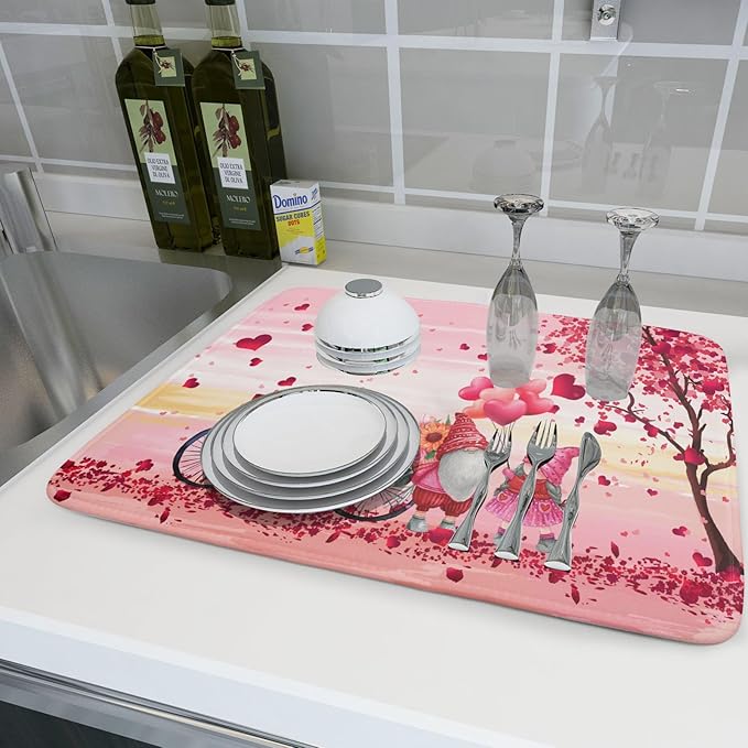 Pink Heart Valentine's Day Gnomes Dish Drying Mat - Image 6