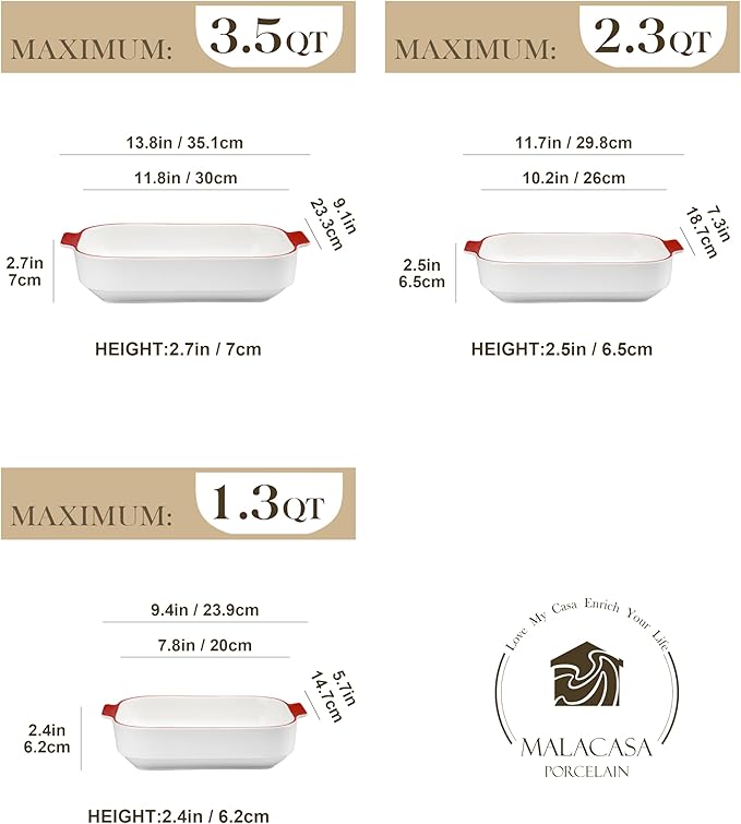 MALACASA Casserole Dishes for Oven, Ceramic Baking Dishes Set of 3, Rectangular - Image 2