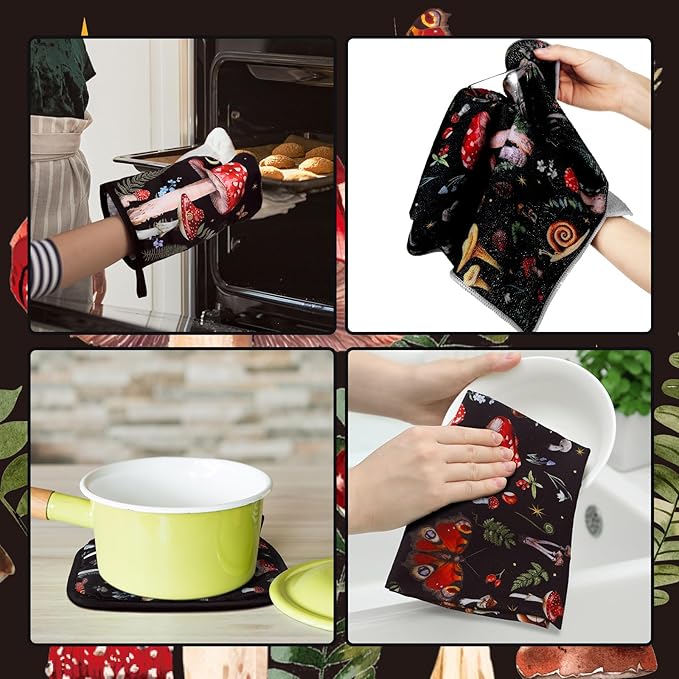 Bencailor 6 Pcs Mushroom Kitchen Towels Oven Mitts and Pot Holders Set - Image 6