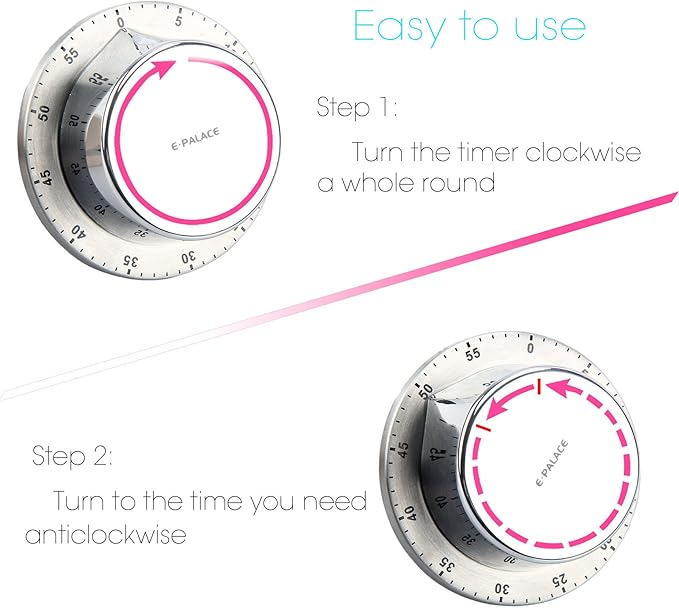 Kitchen Timer, 60 Minute Timer, Magnetic Loud Alarm, Mechanical Stainless Steel - Image 3