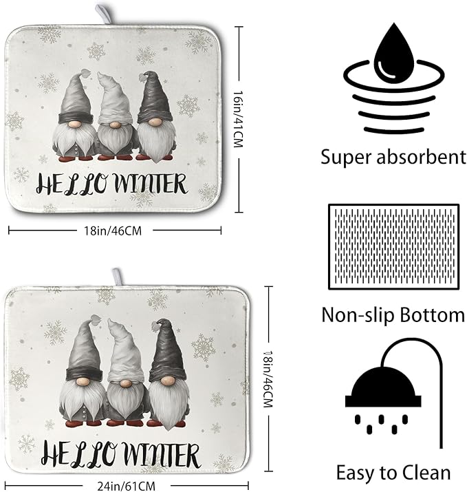 Winter Gnome Dish Drying Mat for Kitchen Counter 18x24 Christmas Snowflakes - Image 2
