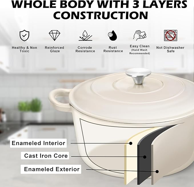 TeamFar 6Qt Dutch Oven, Enameled Cast Iron Dutch Oven Pot - Image 4