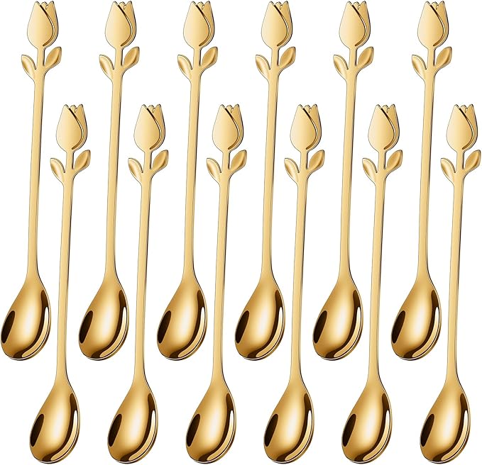 Gold Tulip/Rose Handle 12-Pcs Mini Coffee Spoons Set by SGvrPvz