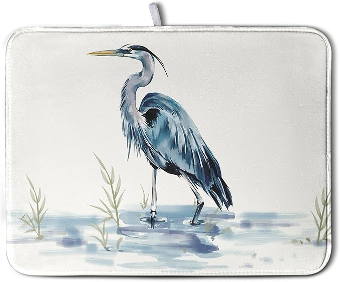Summer Dish Drying Mat Blue White Heron Beach Absorbent Microfiber Drying Mats by Kwlegh