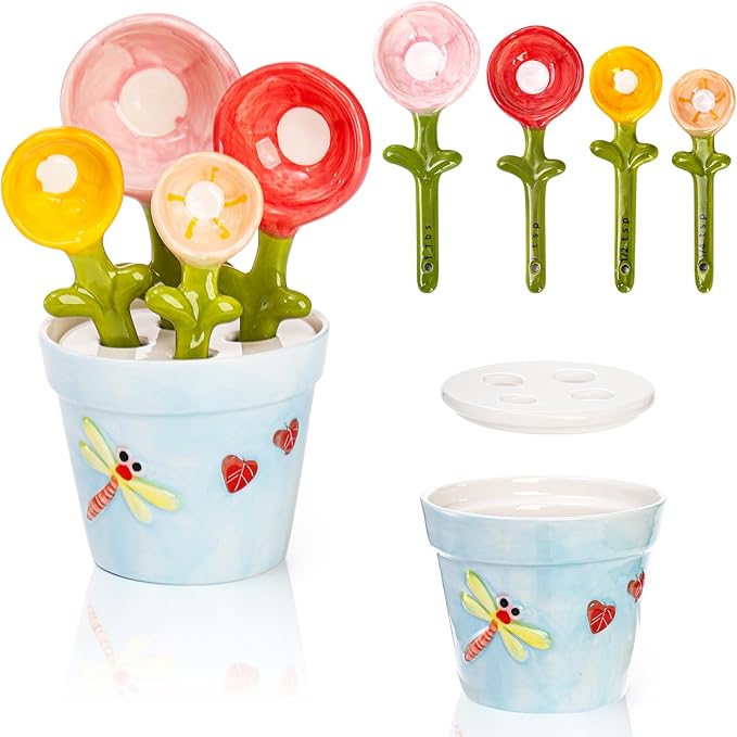 Coloch 5Pcs Ceramic Measuring Spoons and Cup, Flower Baking Scale Spoons by Coloch