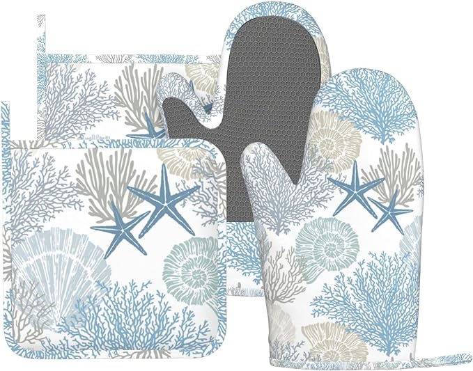 Nautical Coastal Oven Mitts and Pot Holders Sets Silicone Starfish Seashell by MIFSOIAVV