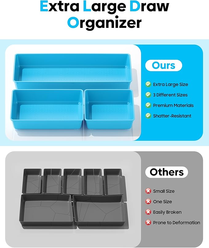 10 Pack Large Size Plastic Drawer Organizers Set, 3 Sizes Desk Drawer Organizer - Image 3