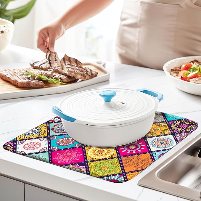 Plaid Floral Large Dish Drying Mats, Reversible Boho Dish Drying Pads - Image 5