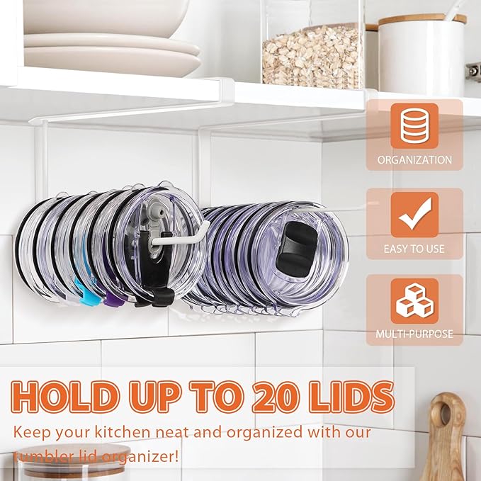 2 Pack Tumbler Lid Organizer, Horizontal Tumbler Lid Storage Hook Up to 20 Lids - Image 2