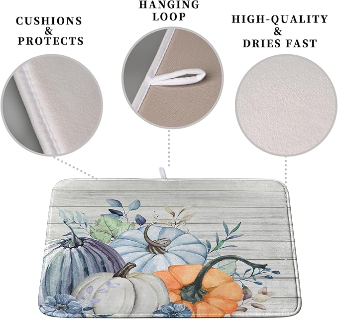 Fall Blue Orange Grey Pumpkin Kitchen Dish Drying Mat - Image 3