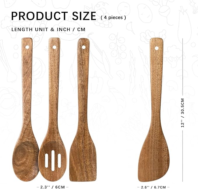 Wooden Spoons for Cooking, 4-Piece Wood Utensil Set Includes Slotted Spoon - Image 2