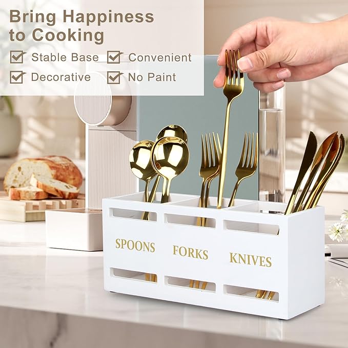 Ayiaren Wood Flatware Silverware Caddy White Cutlery Holder Kitchen Utensils - Image 3