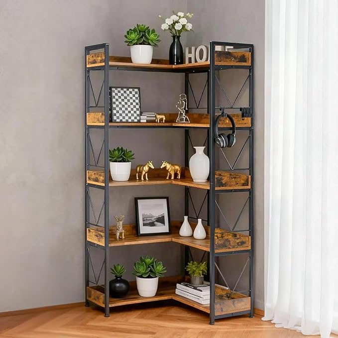 DUMOS 65 inch L Shaped Bookshelf, 5 Tier Corner Bookcase - Image 7