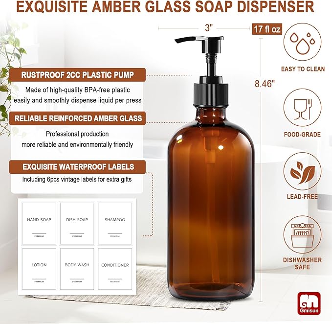 GMISUN Amber Glass Soap Dispenser, 2 Pack Bathroom Hand Soap Dispensers - Image 3