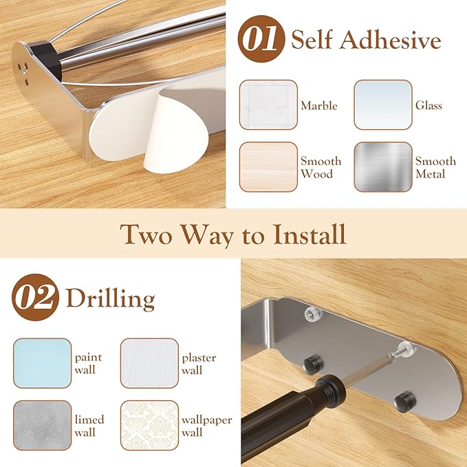2 Pack Paper Towel Holder Under Cabinet + 2 Towel Robe Hook, Single Hand - Image 6