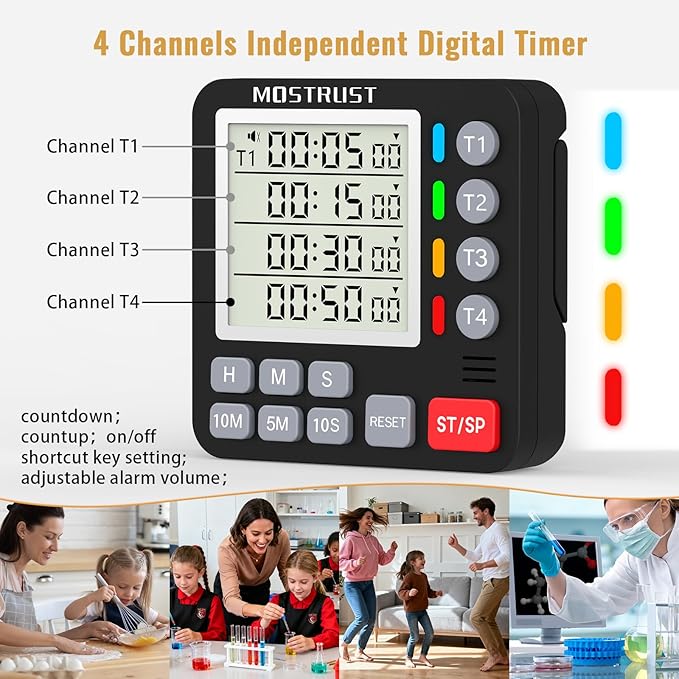 Digital Dual Kitchen Timer, 4 Channels Independent Countdown Timer, Large - Image 2