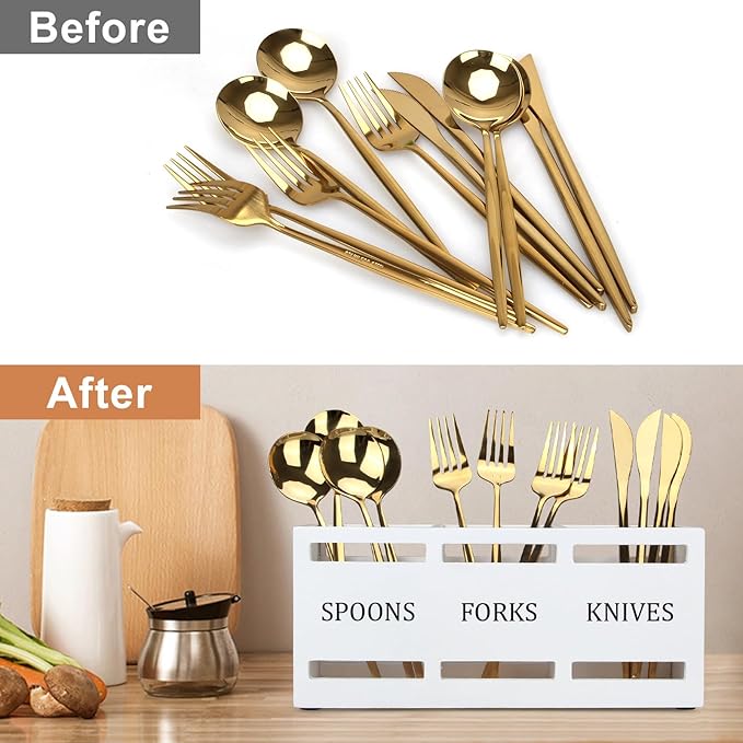 Wooden Silverware Cutlery Holder White Flatware Caddy Small Kitchen Utensil - Image 6