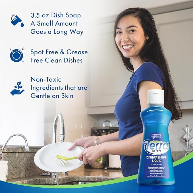 1-Shoppe All-in-Kit Terra Breeze Hotel Liquid Dish Soap Detergent, 3.5 oz (Case of 36) | Bulk Toiletries, Guest Amenities, Hospitality Supplies, Hotels, Resorts, Motels, hotel room essentials, short term rentals