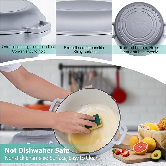 TeamFar 5 Quart Enameled Cast Iron Dutch Oven, 2-In-1 Dutch Oven Pot Cookware - Image 4