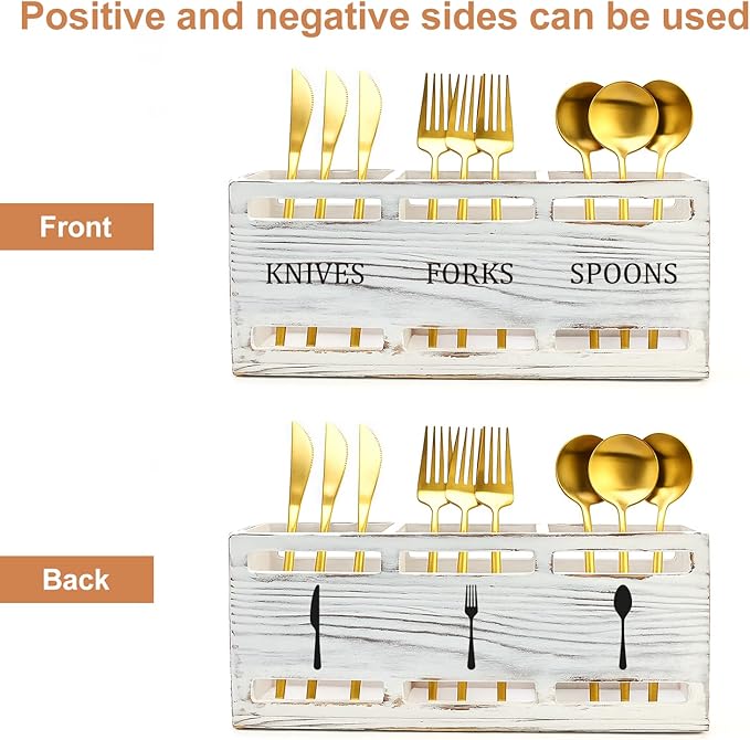 Farmhouse Wooden Utensil Caddy Party Cutlery Silverware Holder Small Wood - Image 5