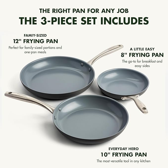 GreenPan Lima Hard Anodized 8" 10" & 12" Frying Pan Skillet Set, Ceramic - Image 3