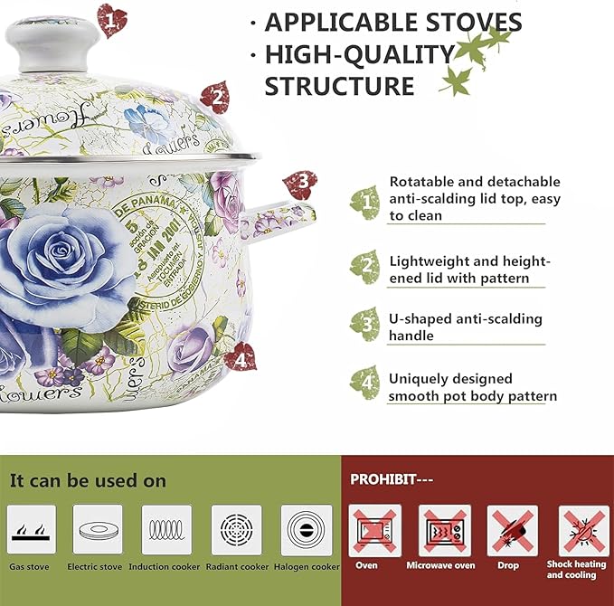 Enamel Stockpot with Lid, 2.5 Quart Retro Cooking Pot, Vintage Floral Stew Bean - Image 2