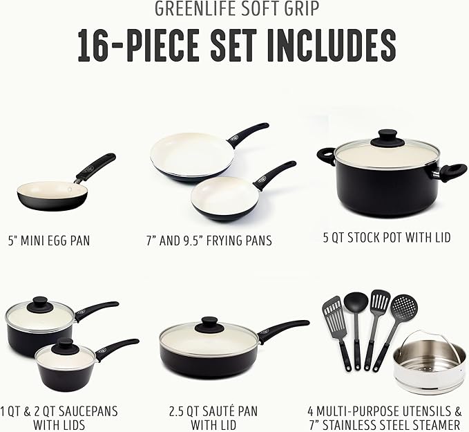 GreenLife 16 Piece Nonstick Cookware Set, Soft Grip Non-Toxic PFAS-Free Ceramic - Image 4