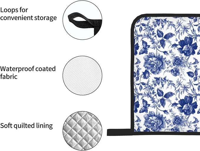 Blue and White Porcelain Floral Butterfly Oven Mitts and Pot Holders Set of 4 - Image 5