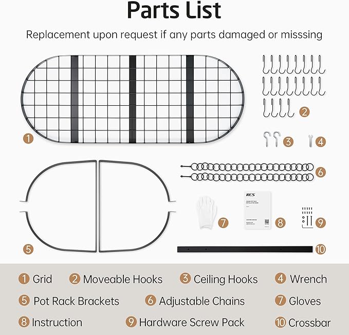 KES 48 Inch Large Hanging Pot Rack, Heavy Duty Oval Pot and Pan Hanging Rack - Image 9