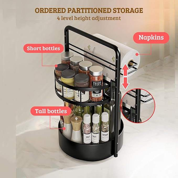 Rotating Spice Rack with Paper Towel Holder, 2 Tier Turntable Lazy Susan - Image 3