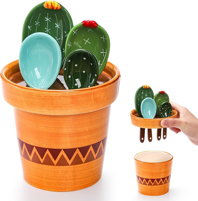 Coloch 5Pcs Ceramic Measuring Spoons in Pot, Cactus Shape Baking Measuring by Coloch
