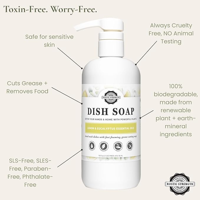 Rustic Strength Concentrated Dish Soap, Lemon & Eucalyptus Scent, 16 oz | High Lathering,Powerful Plant-Based Cleaning,Crisp Refreshing Aroma,Grease Cutting Formula,Tough on Dishes
