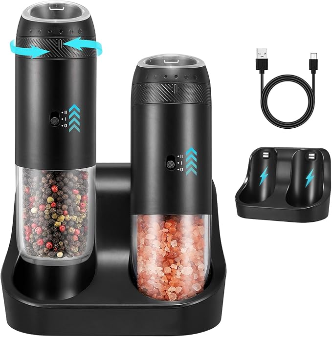 Rechargeable Gravity Electric Salt Grinder Set by GLOKUUCA