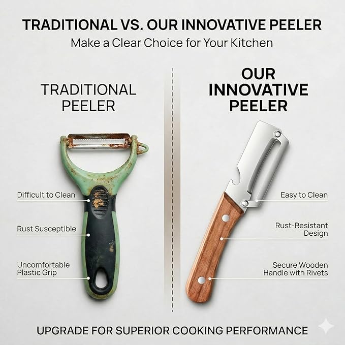 2-in-1 Vegetable Peeler with Wooden Handle, Premium Stainless Steel Peeler with - Image 2