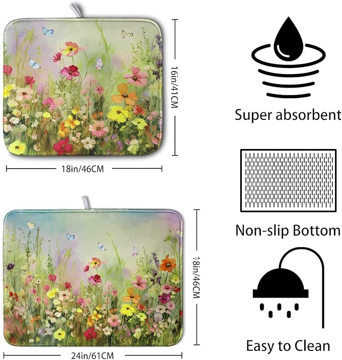 Spring Floral Dish Drying Mat for Kitchen Counter 18x24 Inch Sage Green Wild - Image 2