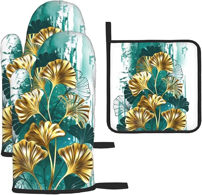 Teal Gold Green Leaves Oven Mitts and Pot Holders Set Heat Resistant Non Slip by Unknown