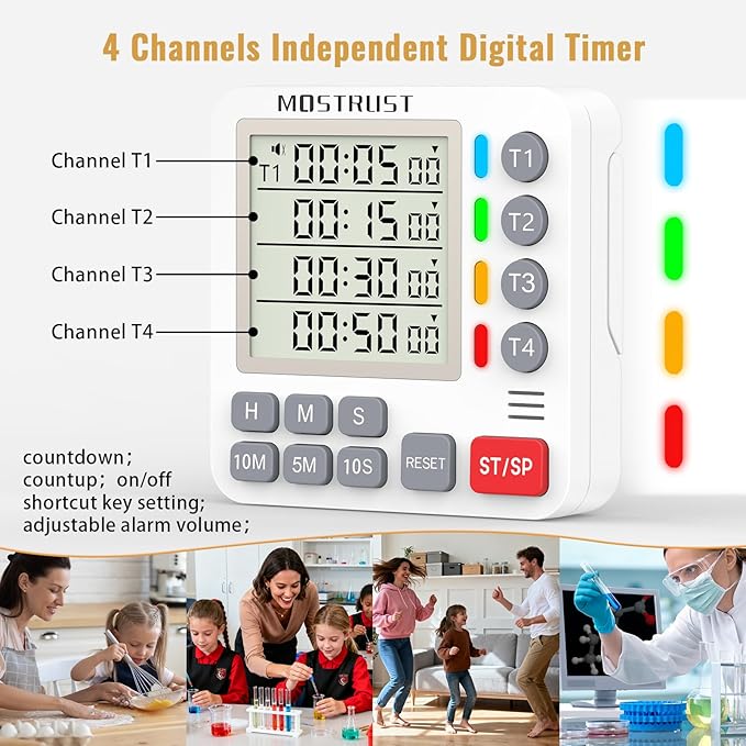 Digital Dual Kitchen Timer, 4 Channels Independent Countdown Timer, Large - Image 2