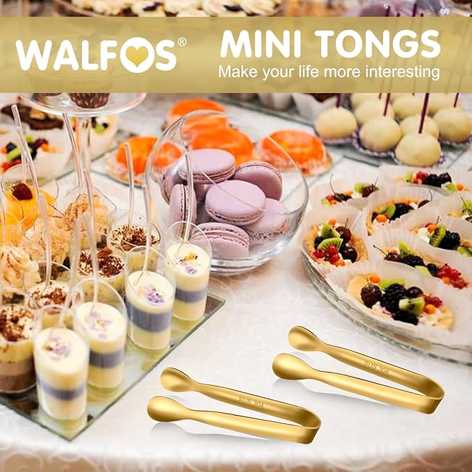 Walfos Small Gold Tongs For Serving, Food Grade Stainless Steel 4" Mini Tongs - Image 4