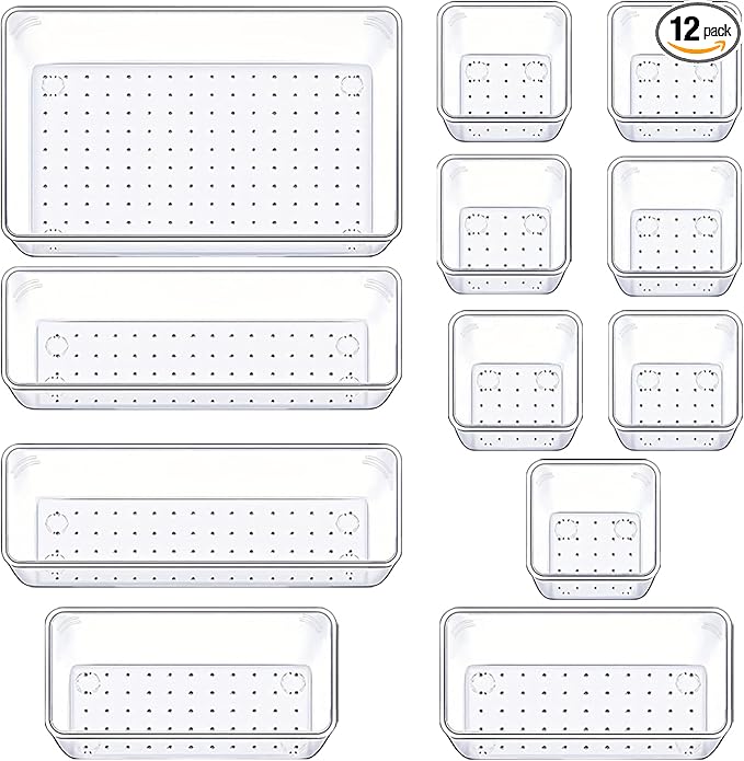 Manalete Drawer Organizers Set of 12, 4 Sizes Clear Plastic Drawer Organizers by Manelete