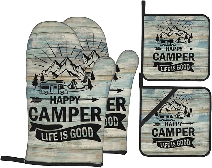Happy Camper Oven Mitts and Pot Holders Sets of 4, Resistant Hot Pads by Nelife