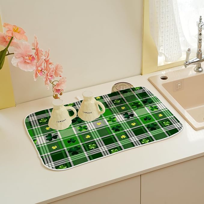 St Patricks Day Dish Drying Mat 18x24 Inch Green Lucky Shamrock Buffalo Plaid - Image 6