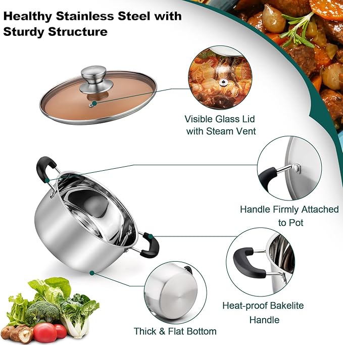 TeamFar 3 Quart Stock Pot, Stainless Steel Stock Pasta Soup Pot - Image 3