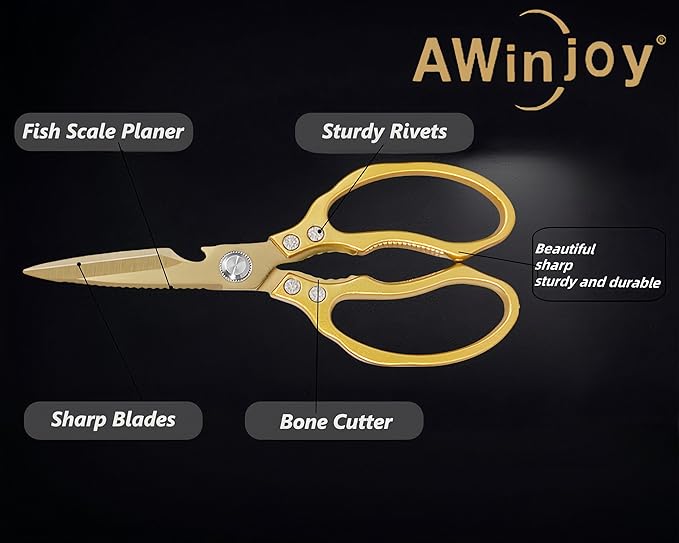 AWinjoy Japanese Gold Kitchen Scissors, Heavy Duty Stainless Steel, Dishwasher - Image 3