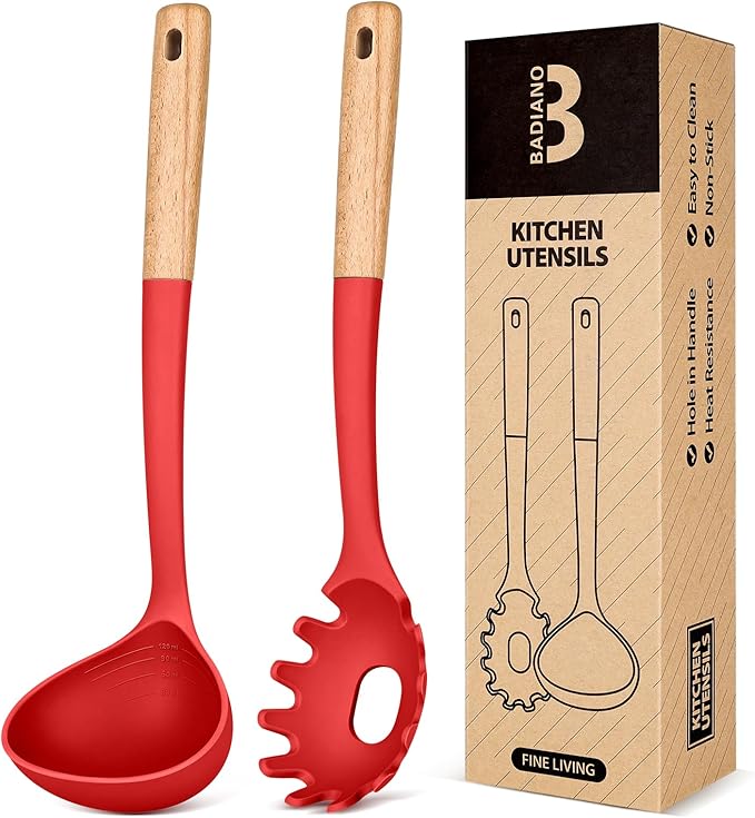 Pasta Fork and Ladle Set, and Sauce Pasta, BPA-Free Matte Silicone, Wood Handle by BADIANO