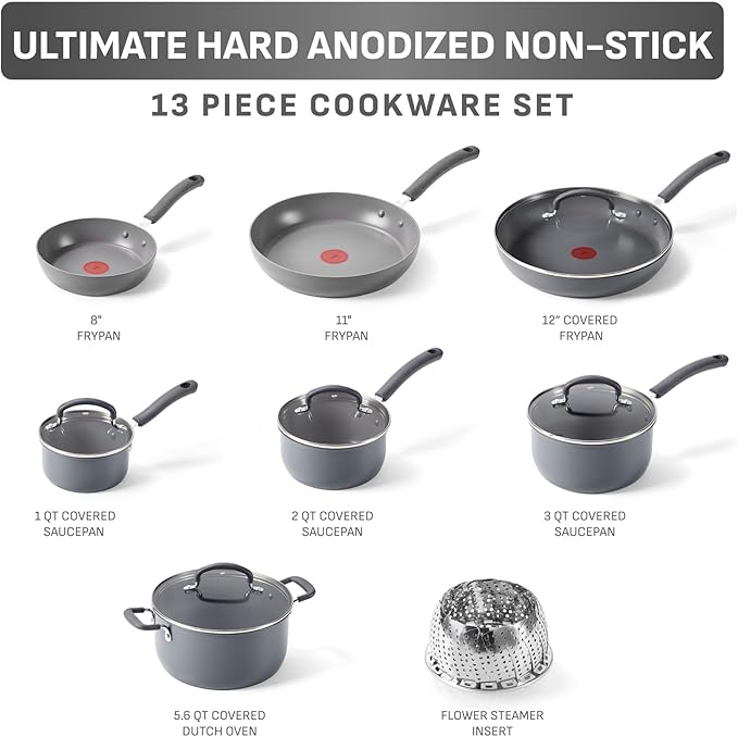 T-Fal Ultimate Hard Anodized Nonstick 13 Piece Cookware Set, Oven Safe Up to - Image 2